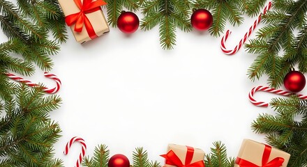 Festive christmas border with evergreen branches ornaments and candy canes