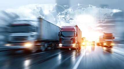 Cargo trucks racing along a highway at sunset with motion blur and a translucent world map overlay, symbolizing fast international freight, logistics networks and connectivity