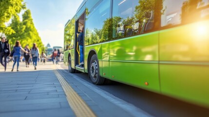 People boarding electric bus at modern city stop representing sustainable transport smart urban mobility eco infrastructure and clean energy future innovation