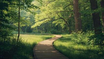 Wooden trail in a forest glade serving as an outdoor recreational pathway, seasonal change awareness day