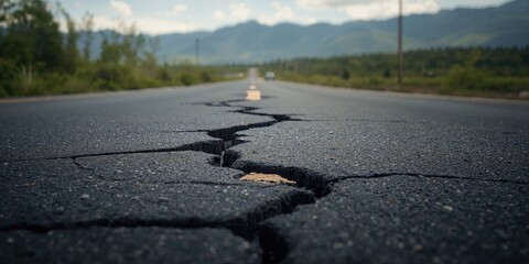 Rural asphalt road with collapse and segregation from non-standard construction, highlighting infrastructure safety concerns