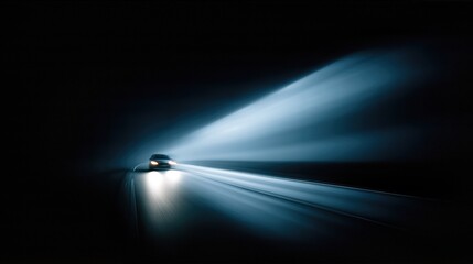 Car Driving On Dark Night Road With Bright Headlights. Futuristic Vehicle Beam Through Fog. Concept For Safety, Speed, Innovation, Transport, Danger Visuals