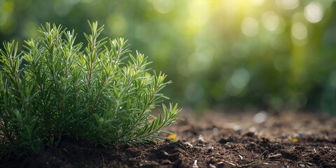 Rosemary herb in a garden setting, emphasizing fresh growth for culinary use