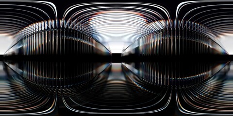 Futuristic HDRI panorama with glowing tunnel of curved glass structures. Ideal for 3D rendering and sci-fi scenes in studio visualizations or digital environments.