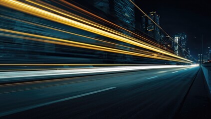 Traces of headlights illuminate a blurred background, urban density at night