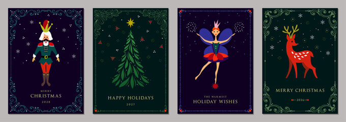 Christmas vector templates. Elegant Holiday cards with decorative Christmas Tree, Nutcracker, ballerina, snowflakes, reindeer and ornate frames with copy space and greetings.