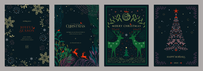 Winter Wonderland Holiday cards. Christmas templates with decorative Christmas Tree, reindeers, birds, snowflakes, ornate hand drawn frames with copy space and greetings.
