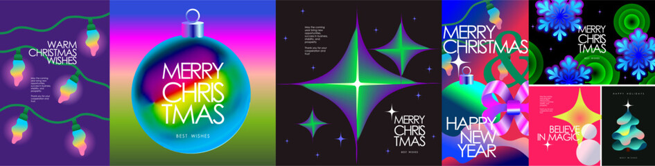 Merry Christmas and Happy New Year! Vector abstract modern 3D illustration of a garland, glass ball, star, ribbon, snowflakes, and a Christmas tree for a corporate greeting card, poster or banner