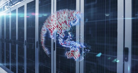 Hovering holographic sphere projecting colored data in cooled data center aisle, with LED lights