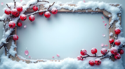 Winter Frame with Snowy Red Berries and Frosted Branches