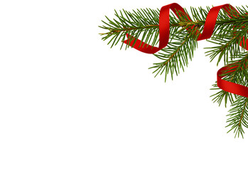 Evergreen twigs of Christmas tree with red ribbon in a holiday corner arrangement isolated on white or transparent background