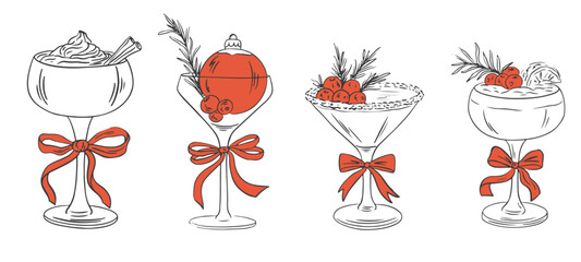 Hand drawn Christmas cocktails with bows set. Coquette holiday aesthetic glasses with ribbon and bow in sketch style. Xmas elegant martini, champagne, wine. Doodle line art vector illustration