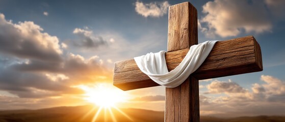 Wooden cross with white linen cloth hangs under a vast sunset sky over desert hills, symbolizing hope and resurrection in Christian faith