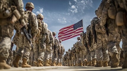 United states army soldiers in camouflage standing and marching in formation with the american flag waving under a blue sky, symbolizing service, duty, patriotism, and unity