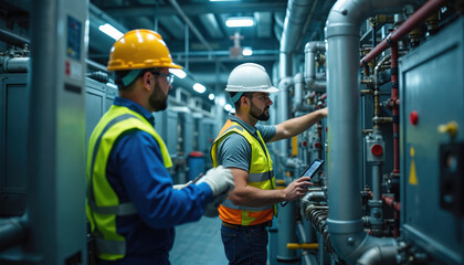 Two engineers in hard hats, safety vests check industrial cooling system. One uses tablet for data, observes pipes, machinery. Perform maintenance at large factory, ensuring efficient operation,