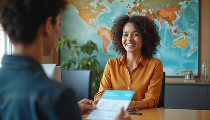 Travel agent smiles helping client with booking. Woman receives travel documents at desk. World map decorates office wall. People plan trip.