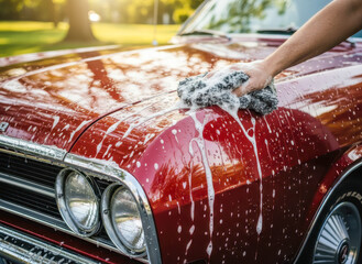 Hand washing the shiny red hood of a classic vintage car with soapy sponge, sparkling in bright sunlight