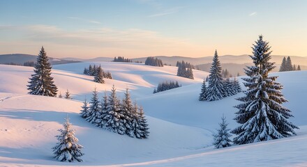 Snowy Winter Landscape with Frosted Pine Trees at Sunset