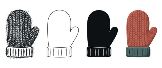Set of four winter mitten illustrations in different artistic styles including hand-drawn sketch, simple outline, solid black silhouette, and a colorful flat vector design