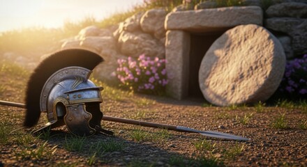 Roman soldier helmet and spear lying on the ground in front of an empty tomb with the rolled away stone at sunrise. Easter and resurrection of Jesus Christ concept.