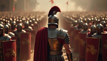 Roman centurion stands before army of soldiers in formation. Men wear metal armor helmets, holding shields. Military legionaries prepare for battle on dusty ground. Ancient warfare scene.