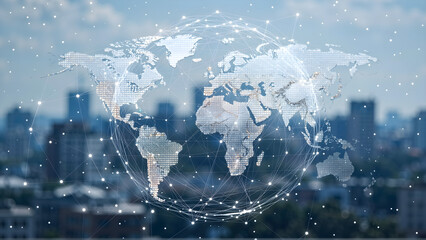 Globalna sieć danych i połączeń na tle miasta