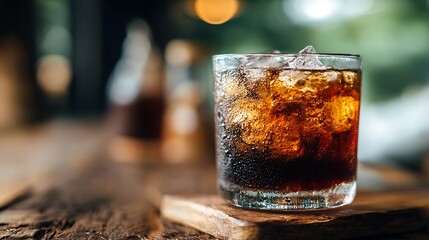 Refreshing Cola Drink with Ice Cubes on Wooden Table Setting