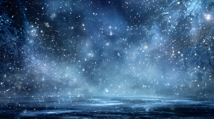 Magical deep blue winter night theme with glowing stars and dreamy snow particles, open center 