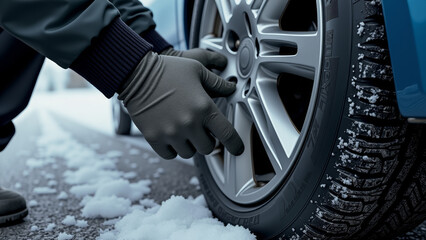 Vivid winter tire change roadside close-up of hands working on car tire with snowy frosty asphalt