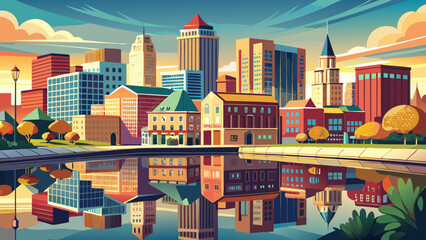 Very beautiful urban panorama showcasing Providence’s city skyline with modern skyscrapers, streets lined with street lamps, and historic buildings reflected on the calm Woonasquatucket River, capturi