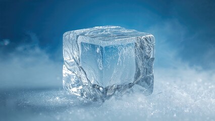 A large ice cube on a snowy surface with a cold, icy atmosphere.