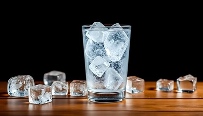 A glass of soda water filled with ice cubes on a wooden table, black background.