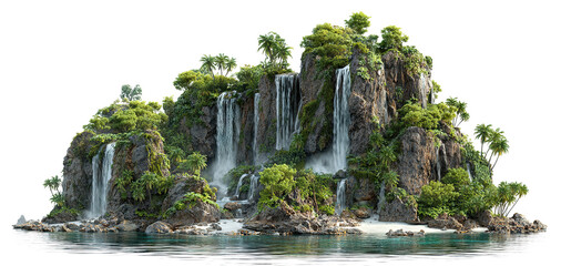 Tropical island with palm trees and cascading waterfalls, isolated on transparent cutout background
