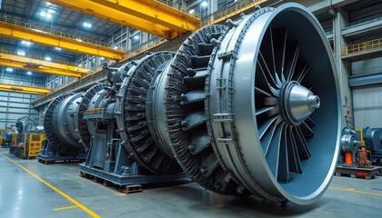 Large industrial turbine engines sit in a factory workshop. Giant metal components are arranged in a line ready for assembly or maintenance. Heavy machinery fills the production facility.