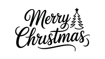 Merry Christmas hand drawn calligraphy lettering vector with cute decorated star pine tree icon; holiday typography for greeting cards, t-shirts, and posters.