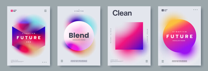 Set of modern minimalistic posters with vibrant gradient shapes - circle, square, hexagon with smooth color transitions. Ideal for branding, presentations, contemporary graphic design projects.