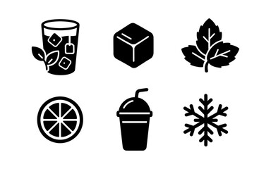 Silhouette icons: refreshing iced tea, leaf, ice cube, citrus, snowflake, beverage