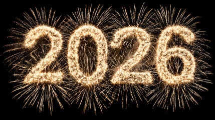 Bright golden fireworks explode in the night sky welcoming the year 2026 with hello happy new year