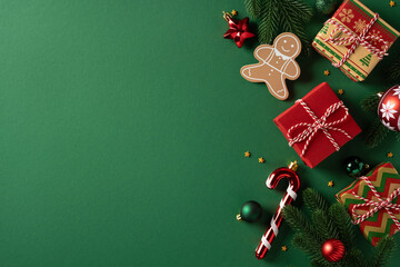 Vibrant green background with wrapped gifts, gingerbread, candy cane and pine accents. Festive ornaments create a warm holiday mood