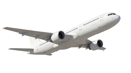 Modern white passenger airplane isolated PNG on transparent background, commercial aviation aircraft for travel and transportation