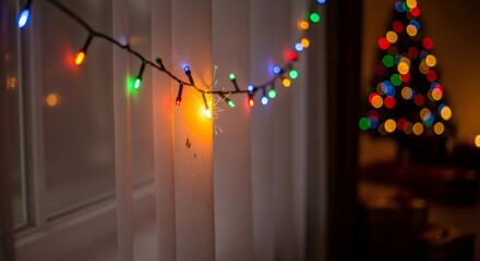 Christmas light short circuit. Holiday decoration fire hazard. Electrical problem with festive garland for New Year safety and home accident prevention.