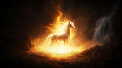 Majestic Unicorn Glowing with Golden Fire in a Dark Fantasy Cave
