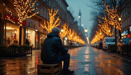 Elderly man sits alone on street bench in city against bright holiday lights. He looks sad and cold amid festive decorations, symbolizing loneliness during Christmas and social issues.