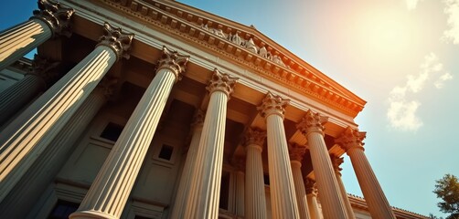 Government building with pillars central bank, financial authority. Neoclassical architecture represents law economy policy. Concept for digital currency CBDC regulation global finance, future of