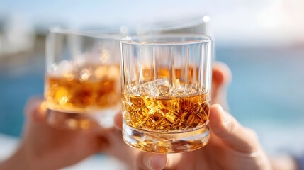 Close up of two crystal glasses filled with golden whiskey and ice cubes being raised for a toast signifying a moment of celeb n relaxation and social connection