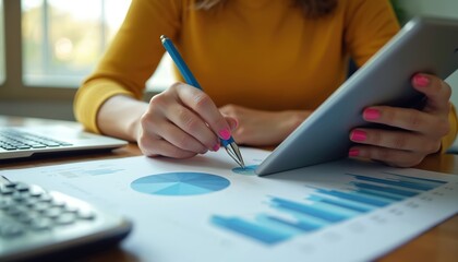 Woman reviews financial charts on tablet and paper. She uses pen to point at data, planning budget with laptop computer nearby. Person analyzes stats for better investment results.