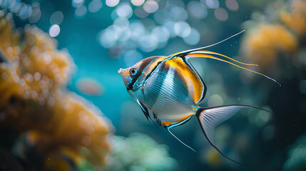 Elegant angelfish swimming gracefully in a crystal-clear aquarium.