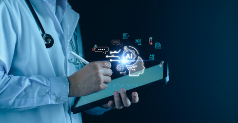 Medical telemedicine technology, doctor use AI robots for diagnosis, care, increasing accuracy patient treatment, Medical research and development innovation healthcare to improve patient health.