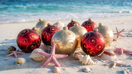 Christmas ornaments on swhite andy beach with seashells and starfish decorations