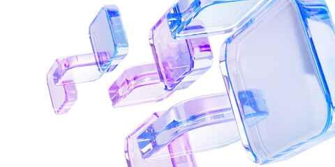 3d pastel light background with abstract glass block pattern. Crystal glossy square or rectangle shapes with pink blue hologram gradient, motion effect. Futuristic digital tech banner